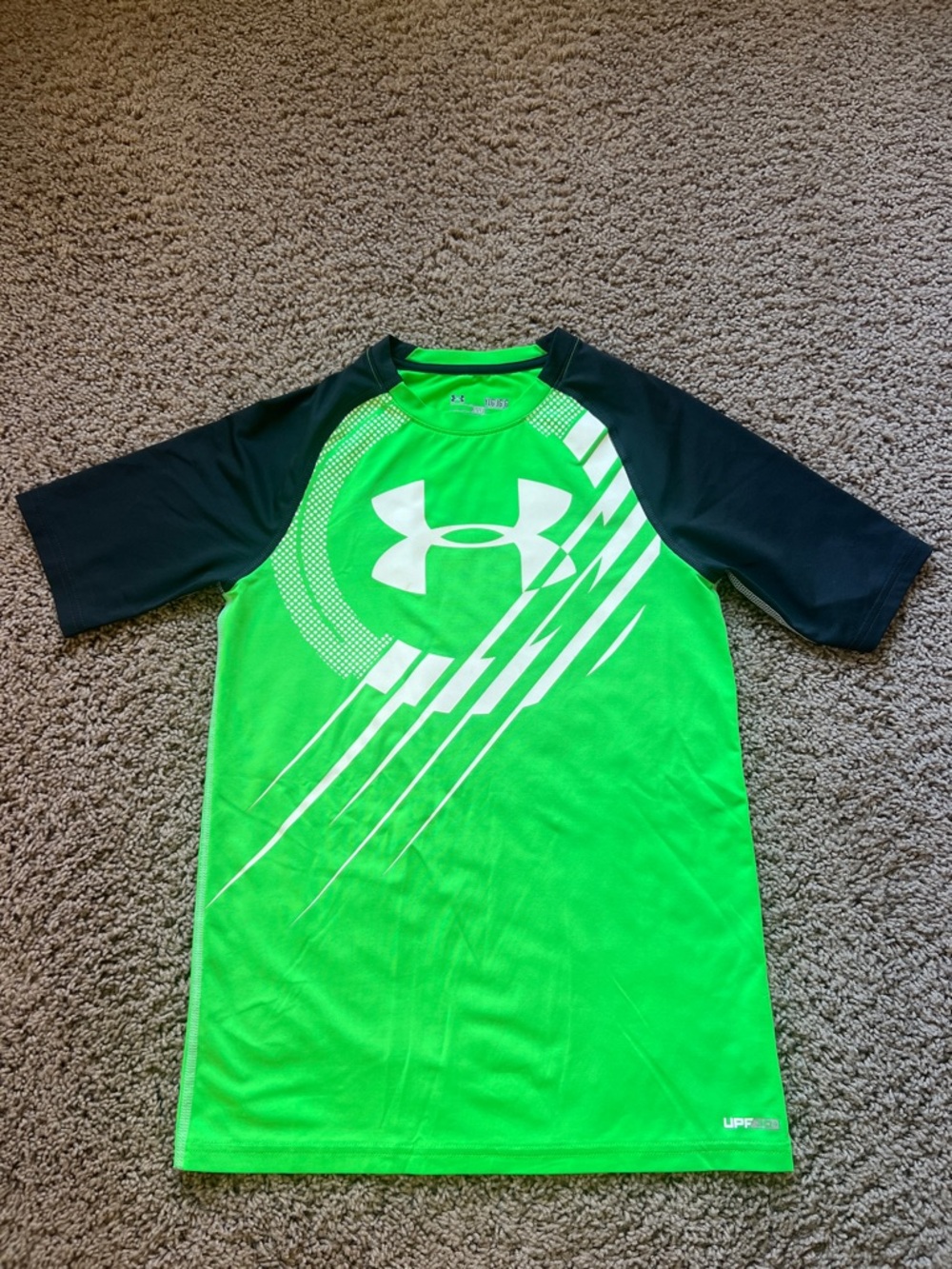 Boys large Under Armour Neon Green and Black Short Sleeve Athletic Tee